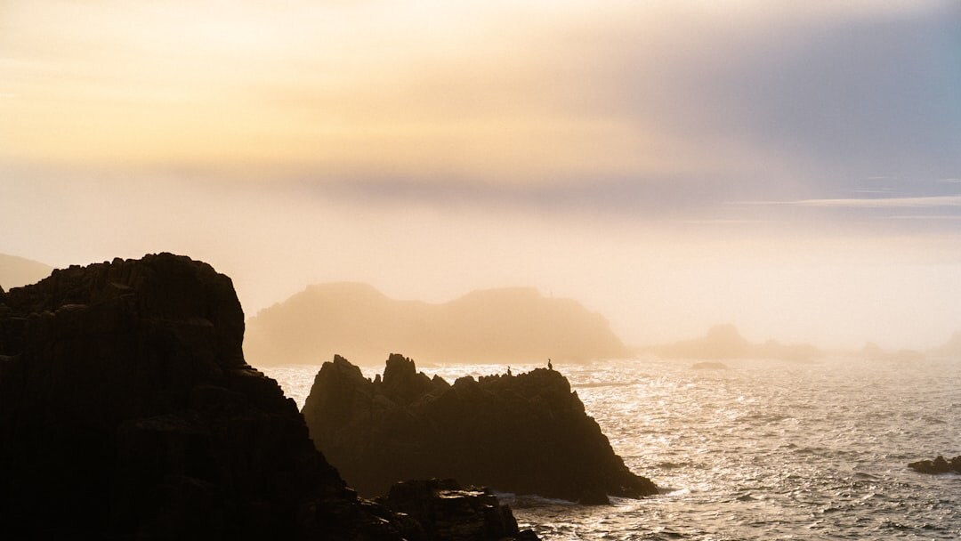 Foggy rocky coastline with calm dark sea at dawn
