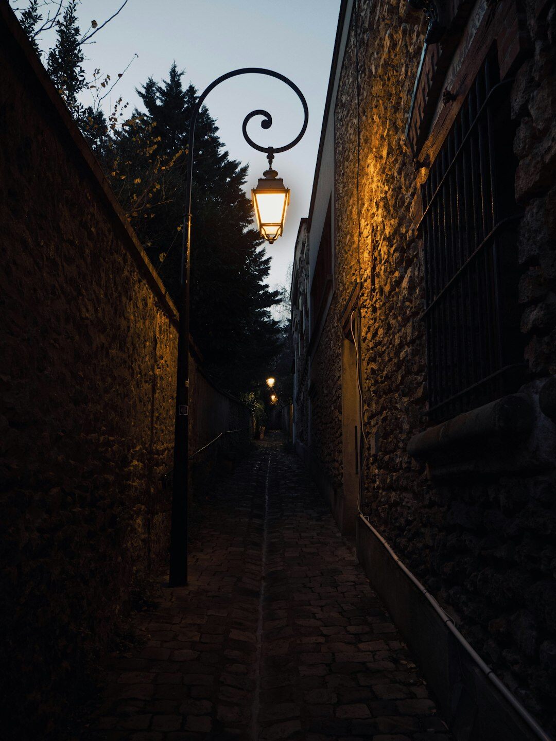 Narrow cobblestone alley in an old European town at dusk with warm street lamps